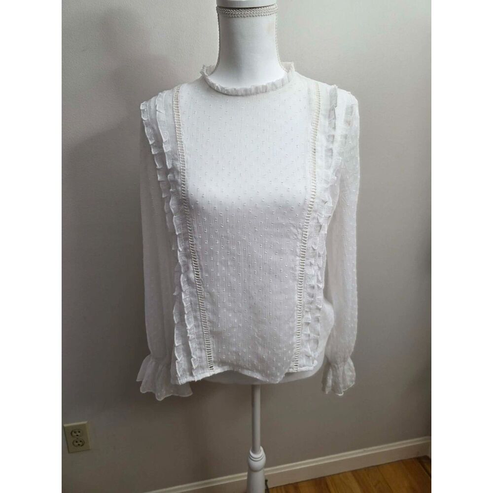 Kensie Jeans White Swiss Dot Blouse Ruffle Crochet Lace Trim Mock Neck